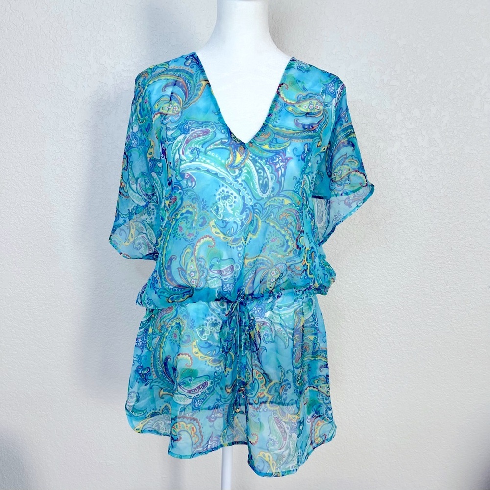 Lauren Ralph Lauren Sheer Blue/Green Paisley Swim Cover-Up Boho Dress Sz Medium - Picture 5 of 10